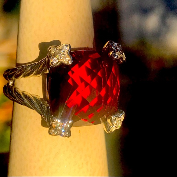 David Yurman S Silver Cushion On Point 14mm Garnet Red & Diamond Ring Sz 6.75 - Picture 2 of 13